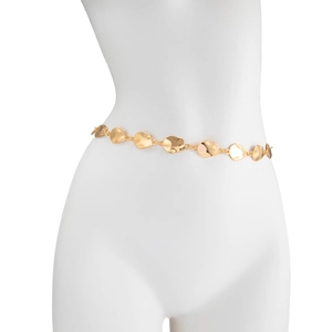Detail of gold body chain featuring hammered irregular round metal discs on a white model