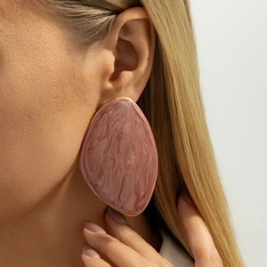 Vintage large geometric waterdrop earrings with pink marble texture and gold plated edges