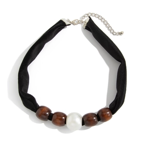 Velvet choker necklace with white pearl and brown wooden beads for elegant women fashion