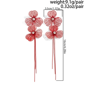 Detailed dimensions of red layered flower petal tassel earrings with measurement labels