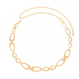 Detailed view of golden hollow geometric metal link waist chain with lobster clasp