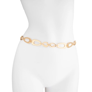 Detailed view of polished gold geometric O-ring waist chain on a white model waist