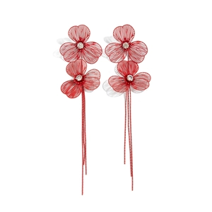 Elegant red mesh flower earrings with crystal center and long metal chain tassels