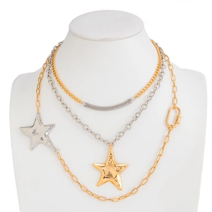 Detailed close-up of layered mixed-metal necklaces featuring heart and star charms
