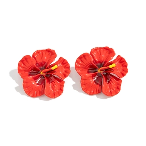 French vintage style red hibiscus flower earrings with realistic 3D textured enamel petals