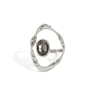 Anello ondulato in metallo argento con gemma ovale in acrilico grigio scuro opaco