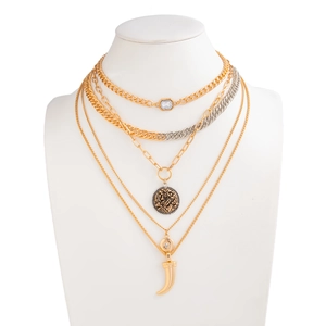 Detail view of multi-layered gold necklace set featuring coin pendants and crystal accents