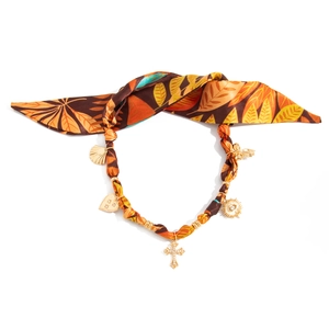 Vintage silk scarf choker necklace with gold charms including cross and heart pendants
