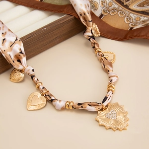 Luxury leopard print silk scarf choker with gold beaded heart and crystal cross pendants