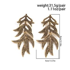 Paramètres de taille des boucles d'oreilles feuilles vintage avec strass gris, 8cm hauteur