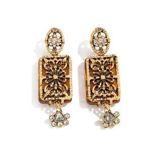 Boucles d'oreilles baroques vintage avec fleurs évidées, résine ambre et cristaux