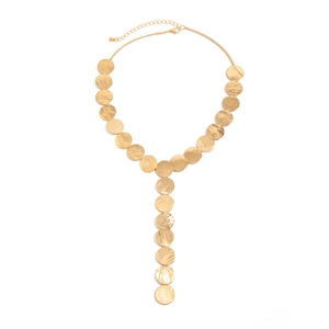 Minimalist gold geometric disc Y-necklace with textured circular metal pendants on a thin chain