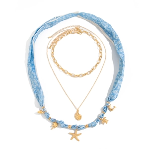 Mehrlagige goldene Halsketten mit Seestern-Anhänger und blauem Band im maritimen Stil