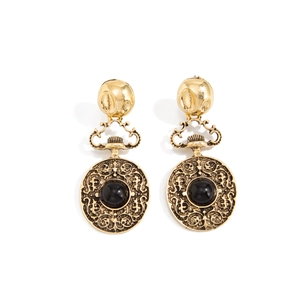 Boucles d'oreilles vintage ajourées avec pierre noire et longues franges dorées