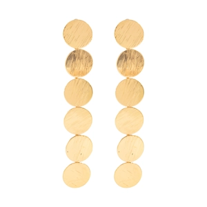 Detail of long gold drop earrings featuring six brushed metallic discs in a vertical chain