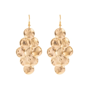 Golden multi-layer geometric sequin earrings with brushed metal finish on white background