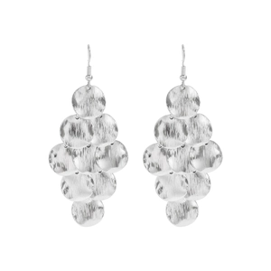 Detailed view of silver drop earrings with brushed metal sequins in bohemian style