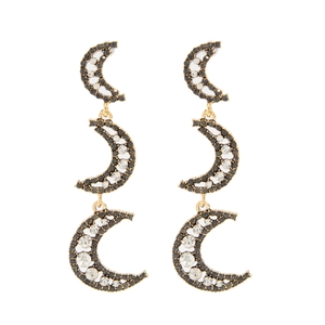 Détails des boucles d'oreilles triple lune dorées avec cristaux pavés noirs et blancs