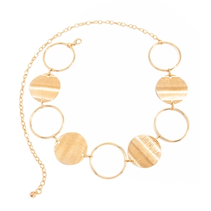 Polished gold metal chain body belt with circular rings and brushed metal discs