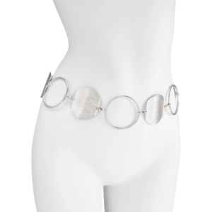 Fashion silver metal waist chain with brushed circular discs and interlocking rings