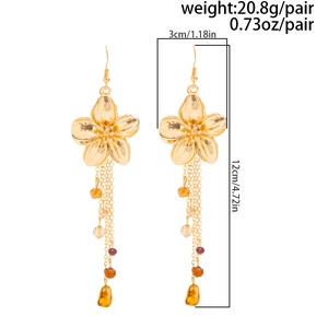 Detailansicht goldener Blumen-Ohrringe mit Quasten inklusive Maßen und Gewichtsangaben