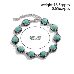 Cavigliera vintage boho con perline turchesi e catena in metallo argento con chiusura