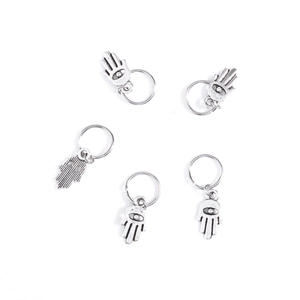 Set of 5 antique silver Hamsa Hand hair rings featuring Evil Eye charms for braid styling
