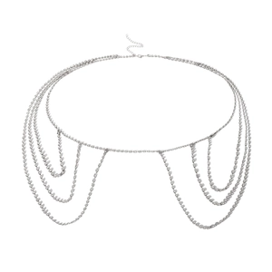 Detailed view of layered silver body chain with sparkling rhinestones and lobster clasp