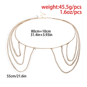 Detailed dimensions of multi-layer gold rhinestone body chain with tassel fringe
