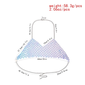 Detail view of holographic sequin body chain with silver links and size measurements