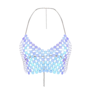 Iridescent sequin bralette body chain with silver metal links and halter strap design