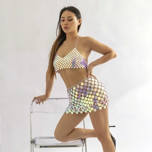 Detailed view of handmade holographic sequin crop top and mini skirt body chain set