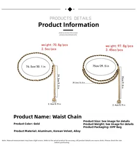 Detailed size chart for vintage layered gold alloy and black velvet waist chain jewelry