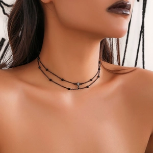 Choker sexy a doppio strato nero con perline e pendente in cristallo scintillante argento