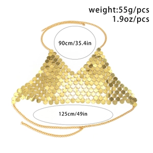 Detailed size map of gold sequin body chain with 90cm neck and 125cm waist straps