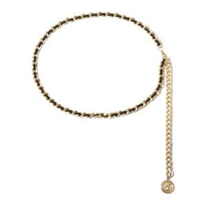 Retro multilayer gold chain belt with black leather weaving and coin pendant detail
