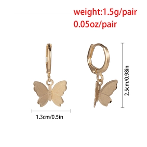 Detail view of golden butterfly hoop earrings with dimensions and weight specifications