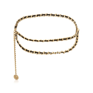 Double-layered gold chain waist belt with black leather weave and coin pendants