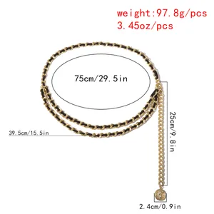 Size guide for multilayer body chain with gold metal links and coin pendant details