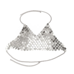 Detail of silver sequin body chain showing circular metal discs and adjustable straps