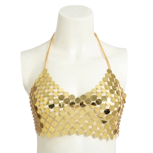 Detailed view of handmade gold sequin body chain top with halter neck geometric design