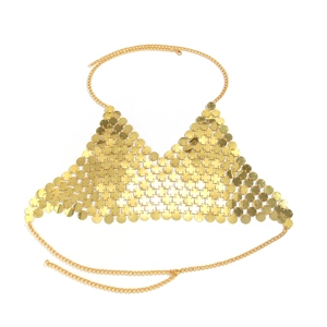Detail of gold sequin body chain vest with adjustable metal rings on white background