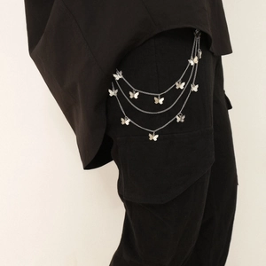 Silver Y2K punk multi-layer body chain with butterfly pendants and tassel fringe
