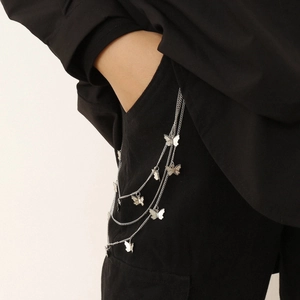 Punk silver multi-layered butterfly waist chain with fringe U-shaped tassel link