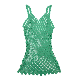 Vue détaillée d'une robe chaîne de corps à paillettes vertes avec structure en maille