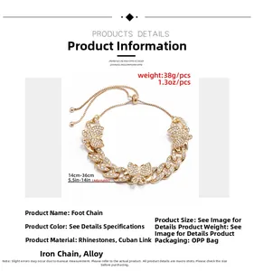 Detail view of gold butterfly anklet with rhinestones and adjustable 14-36cm Cuban chain