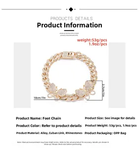 Detailed view of gold cuban link anklet with crystal butterfly pendants and sizes