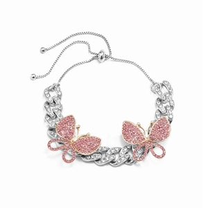 Cuban chain anklet with pink zircon butterflies and adjustable pull-string closure