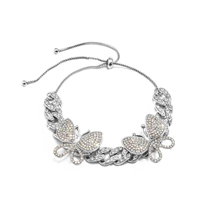Detail of silver butterfly anklet with sparkling AB rhinestones and adjustable Cuban chain