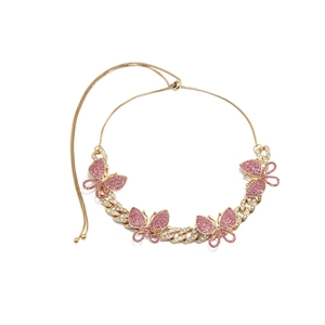 Iced out Cuban link butterfly necklace in gold with pink crystals and adjustable pull-cord